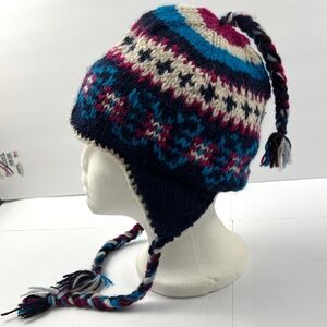 Hand Knit 100% Wool Beanie Hat with ear flaps O/S Navy Multi Winter Cozy Outdoor